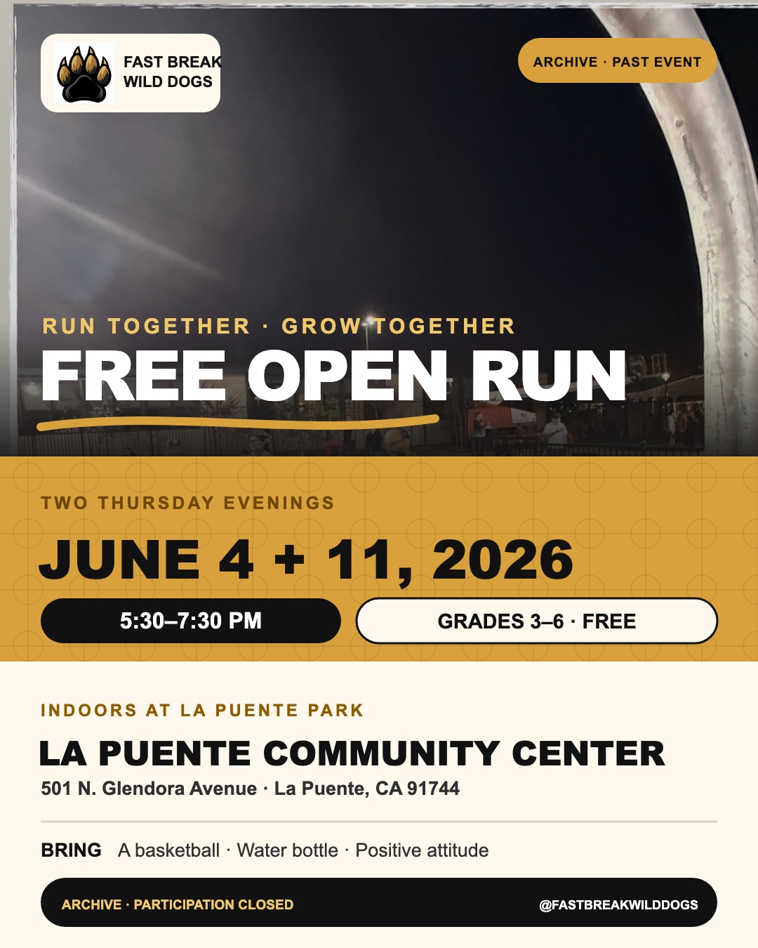 Past event flyer for the June 2026 Fast Break Wild Dogs free open run