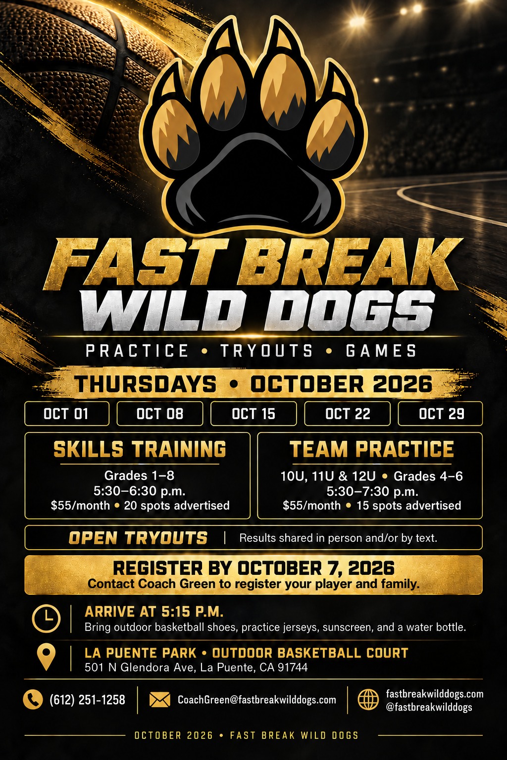 Black-and-gold Fast Break Wild Dogs poster for October 2026 Thursday practices, tryouts, and games, featuring the paw logo and basketball artwork