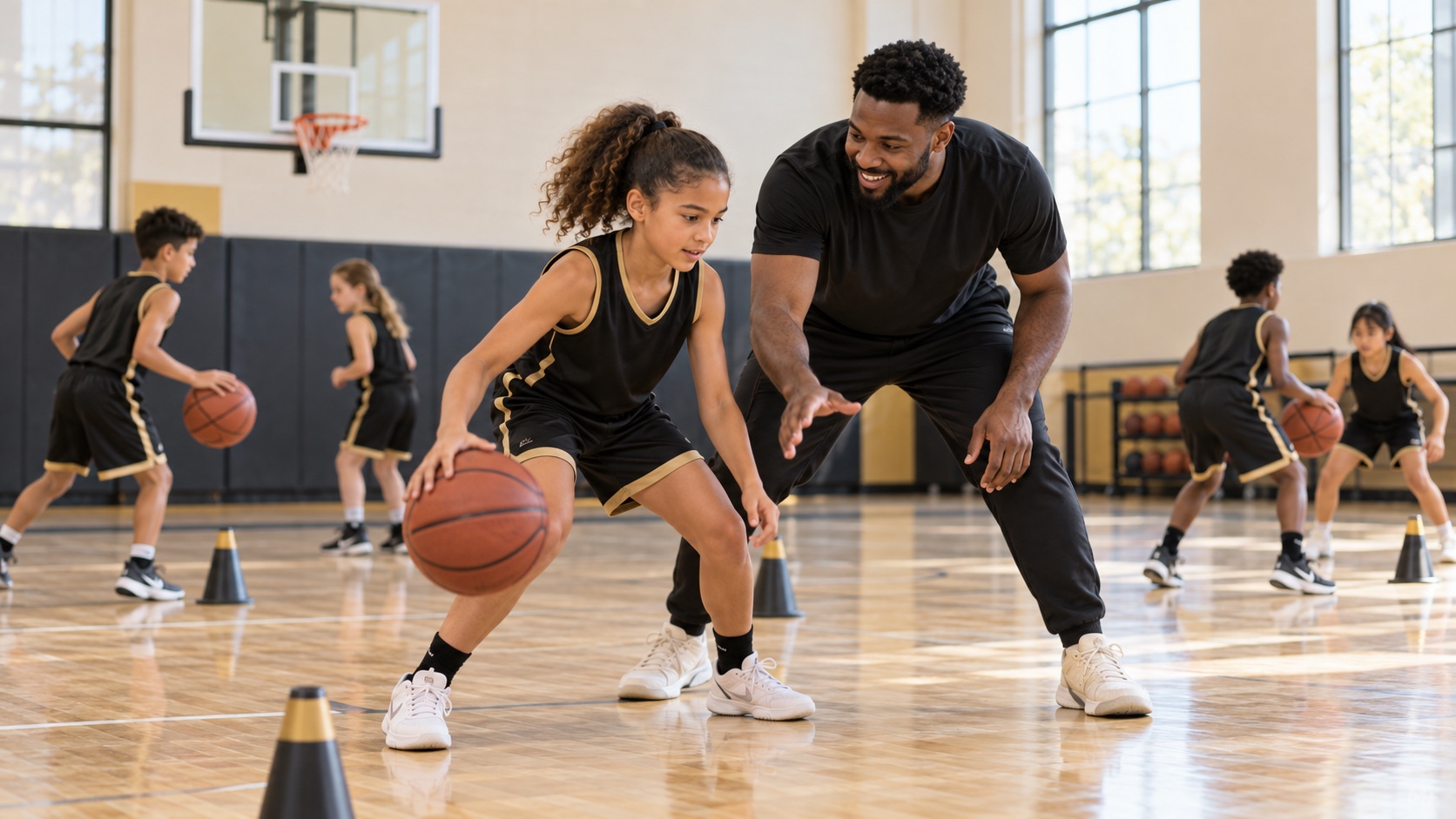A coach guiding a young player during a basketball skills session