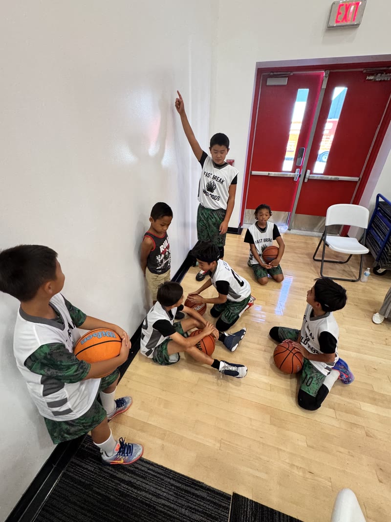 Fast Break Wild Dogs youth players gathered with basketballs beside the court