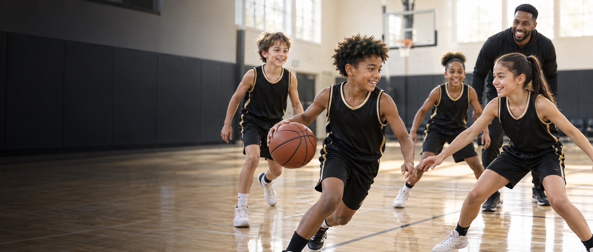 Young basketball players and their coach sharing an encouraging moment in the gym